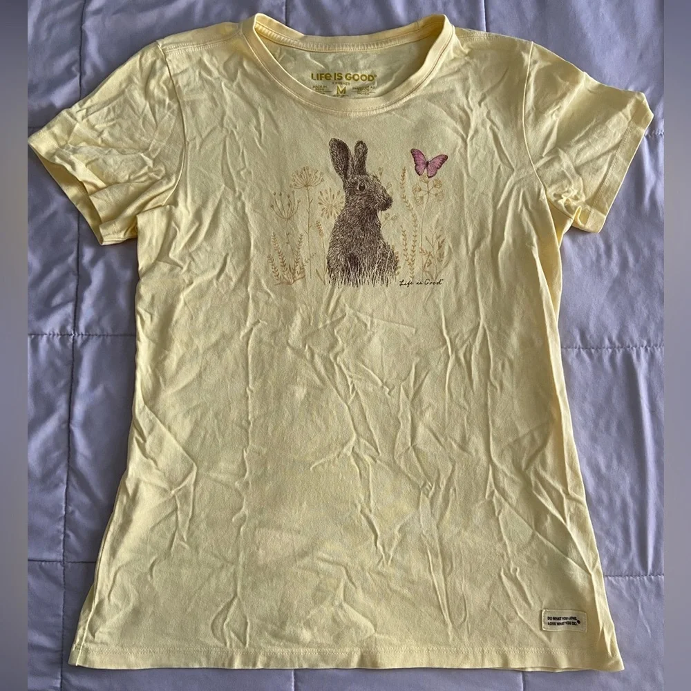 Life is Good Bunny Rabbit Butterfly Yellow Crusher Med Women's Crew Neck T Shirt - Picture 1 of 5